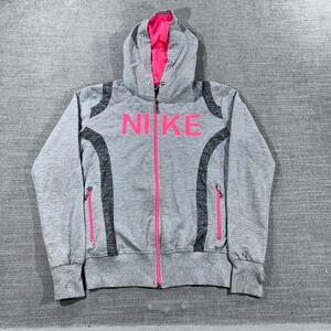 Nike Full Zip Hoodie Girls M Grey Neon Pink Fair Colorblock Athletic Logo